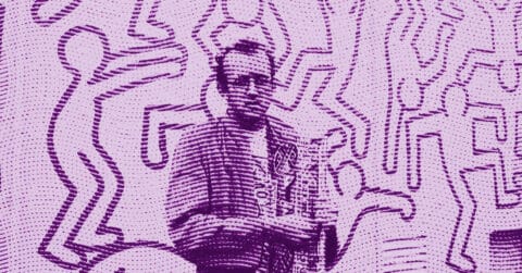 A stylized purple image shows a person sitting in front of abstract, dancing stick figures and wavy, dotted lines that fill the background. The person appears calm amidst the energetic scene. © Illustration by ArtCritic.