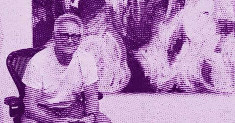 A man sitting in a chair, wearing glasses and a light shirt, is seen through a purple filter with a dotted, wavy pattern overlaying the entire image. © Illustration by ArtCritic.