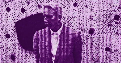 A person in a suit stands against a wavy, abstract background filled with dots and a dark oval shape. The entire image is tinted purple, with patterns creating a textured, artistic effect. © Illustration by ArtCritic.
