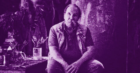 A person sits with hands folded, surrounded by plants and objects. The image is filtered in purple tones with a dot pattern, creating a textured, abstract effect. © Illustration by ArtCritic.