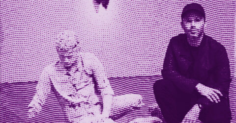 Two people sit on the ground against a wall, one with legs outstretched and the other with legs crossed. The image has a purple filter and wavy, dotted texture, obscuring detailed facial features and details. © Illustration by ArtCritic.
