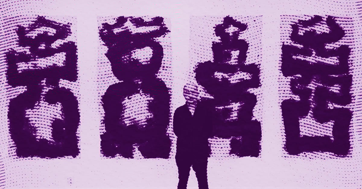 A person stands in front of four large, abstract purple sculptures or figures on a light pink background. The scene is stylized with a digital, textured effect. © Illustration by ArtCritic.