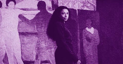 A woman with long hair stands in front of a backdrop with wavy, dotted lines and silhouettes of people. The image has a purple color filter. © Illustration by ArtCritic.
