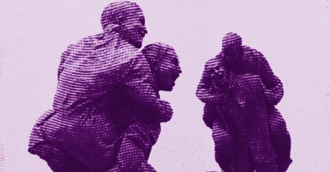 Three abstract, purple-toned sculptures of human figures are shown against a light purple background. The sculptures have a layered, textured surface and appear to be deep in thought or in conversation. © Illustration by ArtCritic.