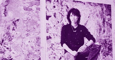 A person with medium-length hair sits with hands resting on their knee in front of an abstract, textured background. The image is stylized in shades of purple with a dotted, halftone effect. © Illustration by ArtCritic.