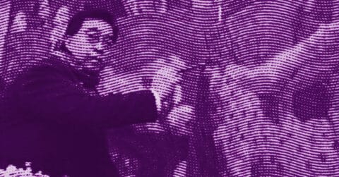 A person in dark clothing stands beside a textured, wavy surface. The image has a purple filter and horizontal lines creating a patterned, abstract effect. The person appears to be looking at or interacting with the surface. © Illustration by ArtCritic.