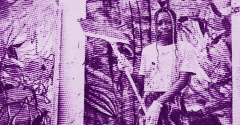 A person with long hair stands in front of a background with large leafy plants, holding a broom. The image has a purple halftone effect, giving it a textured and stylized appearance. © Illustration by ArtCritic.