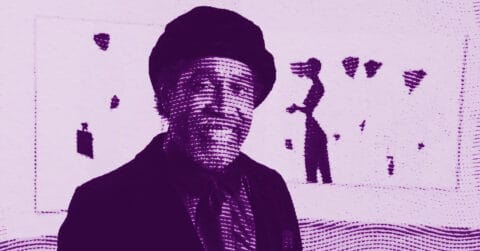 A person smiling and wearing a hat stands in front of a blurred background with abstract shapes. The image has a purple color filter and a dotted texture effect. © Illustration by ArtCritic.