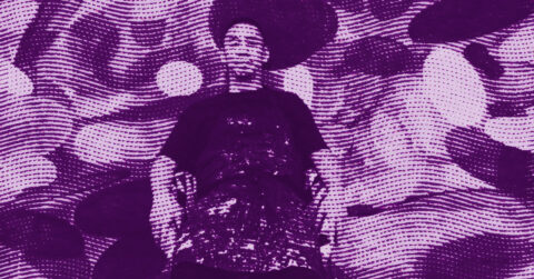 A person stands with hands in their pockets against a background of abstract wavy lines and dots. The image is rendered in purple tonesgiving it a surrealartistic effect. © Illustration by ArtCritic.