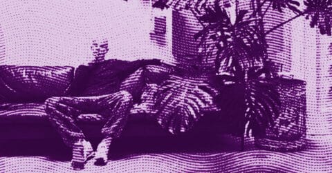 A person sits on a couch under a large indoor plant. The image is heavily filtered in purple tones with a dotted, textured overlay, creating an abstract and artistic effect. © Illustration by ArtCritic.
