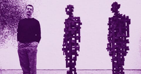 A man stands against a wall next to two abstract, pixelated human figures. The image has a purple tint and a digital, fragmented effect. © Illustration by ArtCritic.