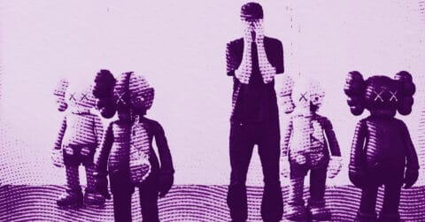 A person stands with hands covering their face, surrounded by four large cartoon-like figures with Xs for eyes, all in a purple-toned room with a textured, dotted effect. © Illustration by ArtCritic.