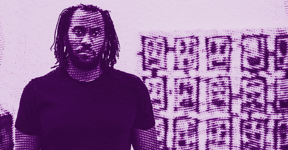 A person with medium-length dreadlocks stands in front of stacked boxes. The image has a purple, halftone effect, giving it a stylized, graphic appearance. © Illustration by ArtCritic.