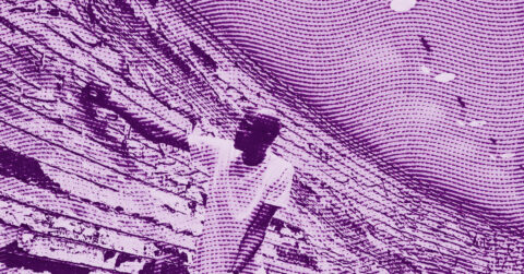 A person stands outdoors against a textured background, depicted in a purple halftone effect with wavy lines across the image. The individual appears to be wearing a light-colored shirt and is holding one arm up. © Illustration by ArtCritic.