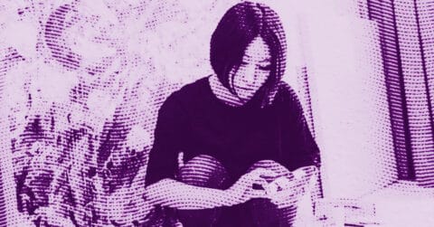 A person with shoulder-length hair sits cross-legged, looking down and using a smartphone. The image has a purple color filter and a halftone dot effect. © Illustration by ArtCritic.