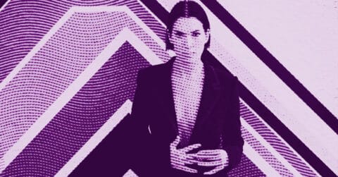 A person in a dark blazer stands against a bold, geometric background with diagonal lines and wavy patterns, all in purple tones. The image uses a halftone effect for a stylized, artistic look. © Illustration by ArtCritic.