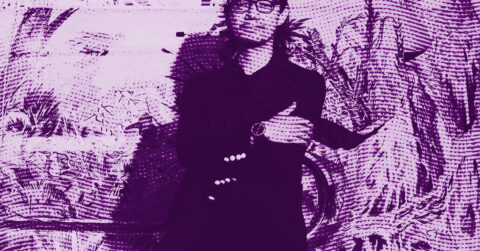 A person in a suit with glasses stands in front of abstract, patterned foliage. The image has a purple, stippled filter, giving it a stylized, artistic effect. © Illustration by ArtCritic.