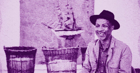 A stylized, purple-toned image shows a smiling person wearing a hat and jacket, sitting next to a stack of books or boxes. The image features a dotted, wavy pattern overlay. © Illustration by ArtCritic.