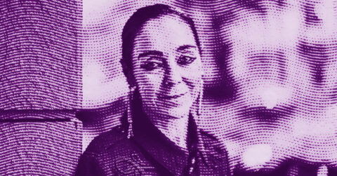 A stylized purple-toned image of a woman smiling, created with a wavy dotted pattern overlay. The background is blurred, focusing attention on her face. © Illustration by ArtCritic.