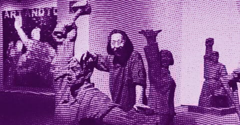 A purple-toned, stylized image shows people interacting energetically. One person stands in the center, gesturing, while others around them raise their hands, suggesting an enthusiastic group activity or discussion. © Illustration by ArtCritic.