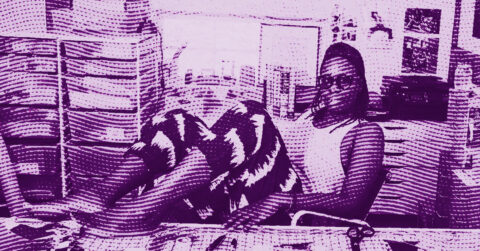 A person sits at a desk with their feet up, wearing patterned pants and a sleeveless top. The image has a purple color filter and a dotted, textured overlay, with office supplies and storage visible in the background. © Illustration by ArtCritic.