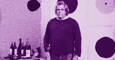 A person stands beside a table with bottles and glasses. The image is stylized with a purple halftone effect and large black dots in the background. © Illustration by ArtCritic.