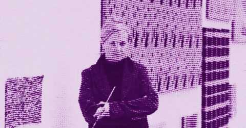 A person in dark clothing stands in front of a distorted, wavy background with vertical and horizontal lines. The image is rendered in shades of purple, creating an abstract, pixelated effect. © Illustration by ArtCritic.