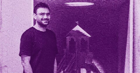 A man with a beard stands next to a music keyboard in a room. The image is stylized with a purple halftone effect and wavy lines throughout. © Illustration by ArtCritic.