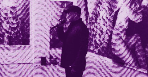 A person in a cap and coat stands in an abstract, purple-tinted environment with wavy, dotted patterns overlaying the entire image. The background features blurred, indistinct shapes and forms. © Illustration by ArtCritic.