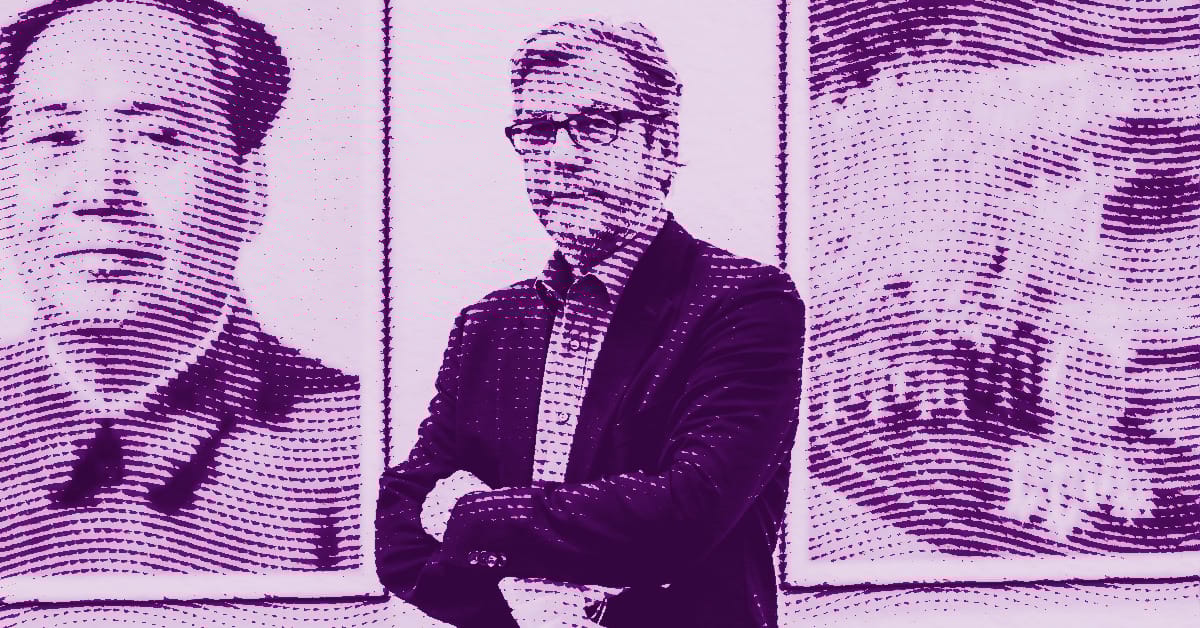 A man with glasses and folded arms stands in front of large, stylized portraits. The image has a purple tint and dot pattern effect throughout. © Illustration by ArtCritic.