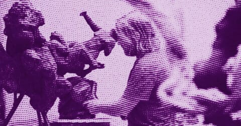 Purple-toned image with a halftone dot pattern showing two human figures, one holding an object above their head, possibly in a dynamic or action pose, with abstract and stylized features. © Illustration by ArtCritic.