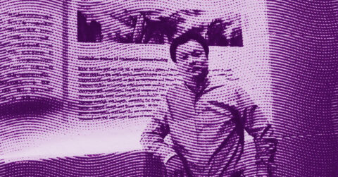 A man stands indoors near a wall with text and framed photos. The image has a purple filter with wavy, patterned lines across it, giving a distorted, artistic effect. © Illustration by ArtCritic.