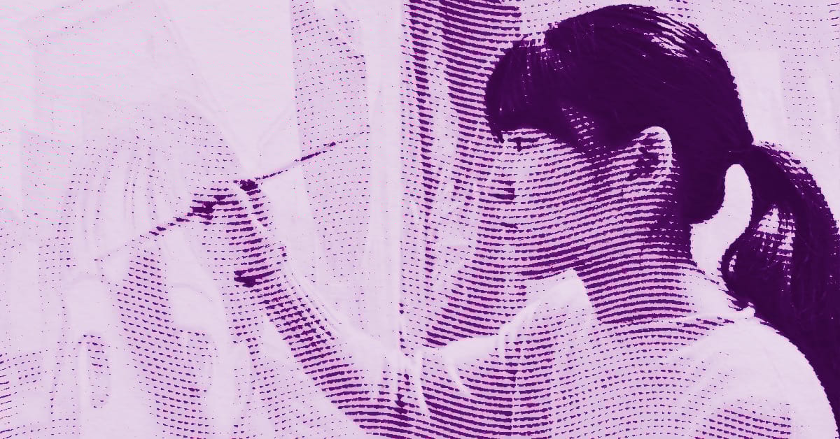 A stylized, purple-tinted image shows a girl with a ponytail drawing or writing on a transparent surface. The image has a halftone dot pattern effect, giving it a textured, artistic look. © Illustration by ArtCritic.