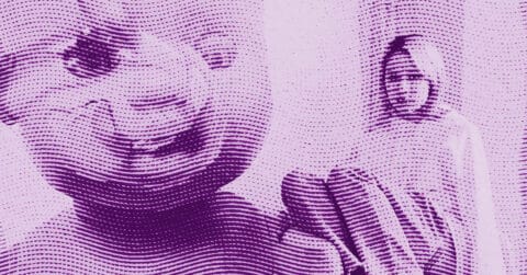 Stylized purple halftone image of a smiling baby in the foreground and a woman in the background, partially obscured by dotted lines creating a wavy texture across the image. © Illustration by ArtCritic.