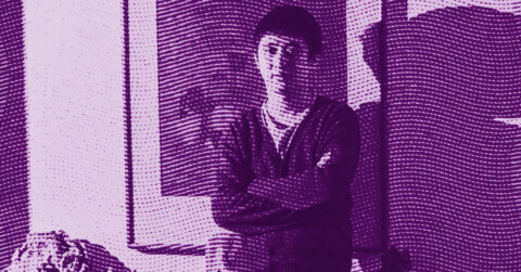 A person stands indoors with arms crossed, partially in shadow. The image has a purple color filter and is overlaid with wavy dotted lines, giving it a stylized, abstract effect. © Illustration by ArtCritic.