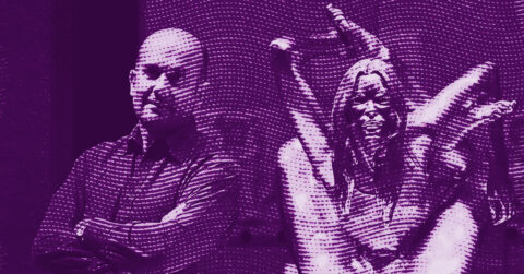 A man with folded arms stands next to a woman with expressive gestures. The image is overlaid with dotted, wavy patterns and tinted in shades of purple. © Illustration by ArtCritic.
