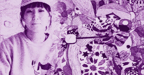 A stylized image with a purple halftone effect shows a person on the left and a cartoonish figure with large eyes and a hat on the right, set against a patterned background with stars and swirls. © Illustration by ArtCritic.