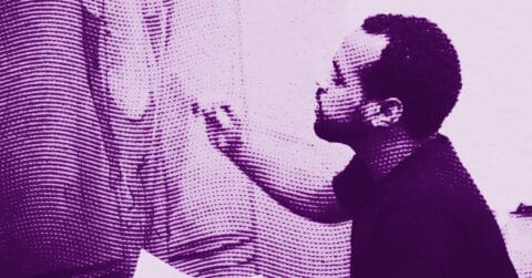 A man, shown in profile and tinted purple, sits and reaches forward with one hand, possibly interacting with something or someone off-frame. The image features a patterned overlay of curved lines and dots. © Illustration by ArtCritic.
