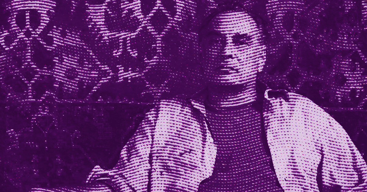 A stylized, purple-tinted image shows a person sitting against an intricately patterned background. The image is composed of dot-like textures, creating a halftone effect. The persons features are partially obscured. © Illustration by ArtCritic.
