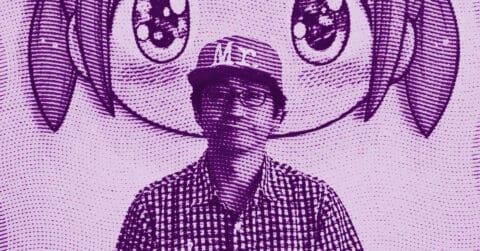 A person wearing glasses, a checkered shirt, and a cap stands in front of a wall featuring large, cartoonish eyes and hair in an anime or manga style. The image is filtered in purple tones with a dotted effect. © Illustration by ArtCritic.