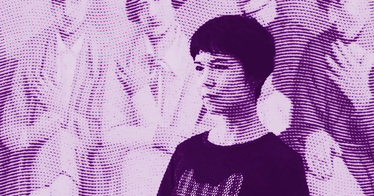 A stylized image of a person with short hair wearing a shirt, created using purple halftone dots, with an abstract background in light purple tones. © Illustration by ArtCritic.