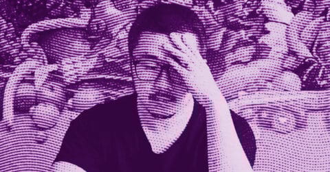 A stylized, purple-toned image of a person holding their head with one hand, eyes closed, appearing stressed or tired, with a dotted pattern overlay and blurred background. © Illustration by ArtCritic.