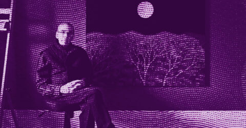 A person sits on a chair next to a painting of a full moon over trees. The image is stylized with a purple color scheme and a dotted texture effect. © Illustration by ArtCritic.