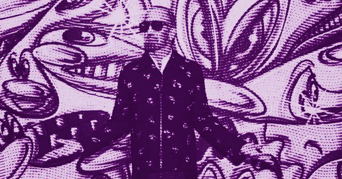 A person in a dark, patterned coat stands in front of a vibrant, surreal mural featuring exaggerated eyes, faces, and abstract shapes, all tinted in shades of purple. © Illustration by ArtCritic.