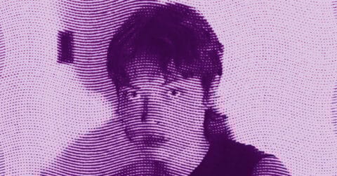 Purple-tinted abstract image of a person’s face partially obscured by wavy, dotted lines on a light purple background, creating a distorted, textured effect. © Illustration by ArtCritic.