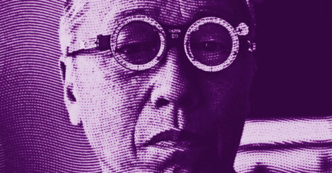 A close-up, stylized portrait of an elderly person wearing round glasses, rendered in a purple color palette with textured, wavy lines across the image. © Illustration by ArtCritic.