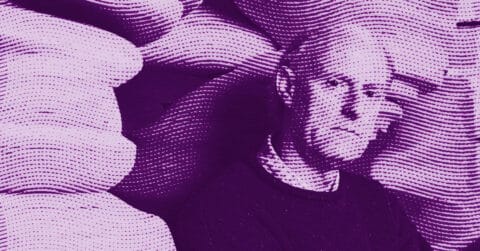 A stylized image of a man with a shaved head, rendered in purple tones with a dotted, wavy overlay pattern covering both the background and the figure. © Illustration by ArtCritic.