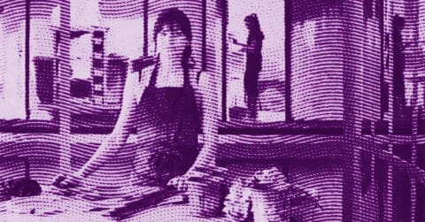 A stylized, purple-toned image of a person sitting on a bed, with another figure standing by a window in the background. The image is overlaid with dot and wavy line patterns, giving it a textured, artistic effect. © Illustration by ArtCritic.