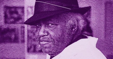 A man wearing a brimmed hat and light-colored shirt looks over his shoulder. The image is tinted purple and features a wavy line pattern overlaying the entire scene. © Illustration by ArtCritic.
