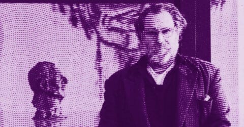 A man wearing glasses and a jacket stands in front of a wall with artwork. The image has a purple tint and a dotted, wavy pattern overlaying the scene. © Illustration by ArtCritic.